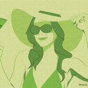 Vektorillustration Grüntöne Frau mit Sonnenhut und Cocktailglas