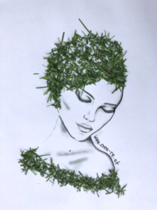 Illustration einer Frau mit Haaren und Kleid aus Gras, upcycling, crea-re
